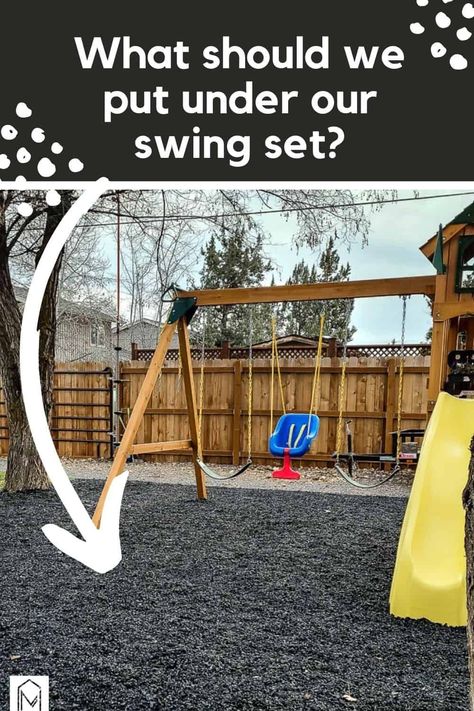 It's so easy to become overwhelmed with the number of options for playground bases! Here's is a breakdown of the best 5 options for the base of your playground to help chose the best one for your family! #playground #kids #base Play Set In Backyard, Backyard Play Set Ideas, Patio Playground Ideas, Ground Under Swingset, Backyard Playset Landscaping Ideas, Playground With Pea Gravel, Backyard Play Structure, Yard Playground Ideas, Pergola Play Area