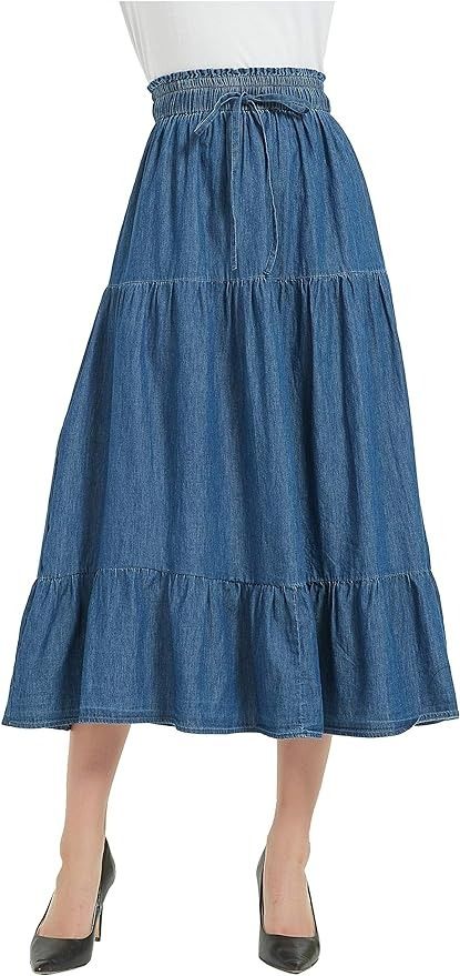 Tronjori Womens A Line Long Midi Denim Skirt Tired Pleated Layers Elastic Waist Front Drawstring(XXL, Denim Blue) at Amazon Women’s Clothing store Midi Denim Skirt, Long Midi, Midi Denim, Denim Midi Skirt, Amazon Women, Denim Blue, Clothing Store, Denim Skirt, Blue Denim