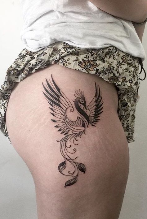 Phoenix Hip Tattoo, Mandala Thigh Tattoo, Rising Phoenix Tattoo, Alas Tattoo, Tattoos On Side Ribs, Small Phoenix Tattoos, Creative Tattoo Ideas, Phoenix Tattoos, Stomach Tattoos Women