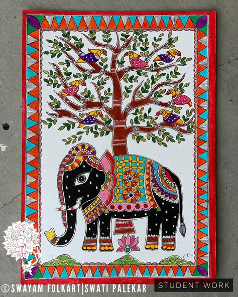 Studio Swayam Folkart student work Peacock Madhubani Painting, Madhubani Elephant Painting, Madhubani Art Easy, Madhubani Birds, Madhubani Elephant, Madhubani Motifs, Madhubani Paintings Peacock, Art Recreation, Mithila Art