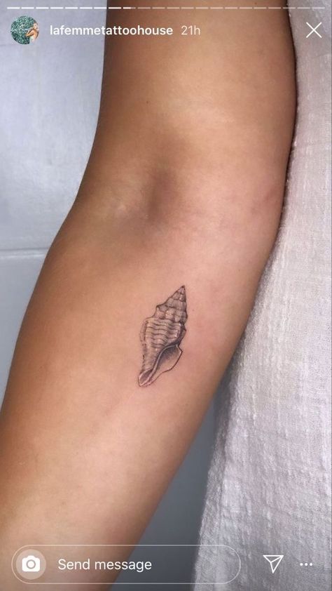 Seashell Tattoo Ideas, Puakenikeni Tattoo, Small Sea Tattoo, Tiny Shell Tattoo, Sea Shell Tattoo Small, Simple Seashell Tattoo, Seashell Tattoo Small, Shell Tattoo Ideas, Conch Tattoo