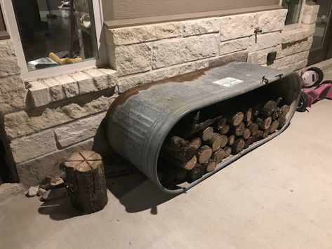 Water trough firewood rack. From cooling cows, to heating house Cow Trough, Firewood Ideas, House Heating, Water Trough, Firewood Rack, Firewood Storage, Upcycle Recycle, House Projects, She Shed