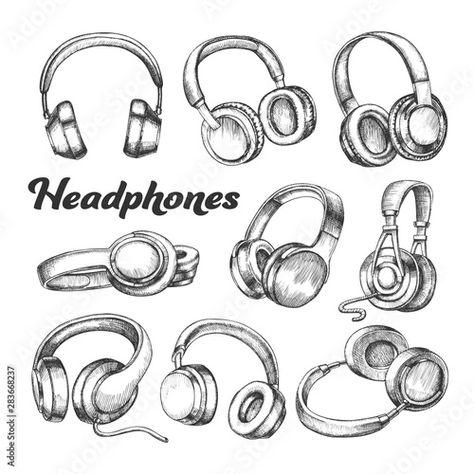 Stock Image: Collection Different Sides Headphones Set Vector. Modern Portable Electronic Device Headphones For Listening Radio Music. Stereo Dynamics Earphone Accessory Hand Drawn In Retro Style Illustrations Headphones Drawing, Tree House Kids, Hand Accessories, Electronic Devices, Retro Art, Design Bundles, Free Vector Images, Retro Style, Abstract Design