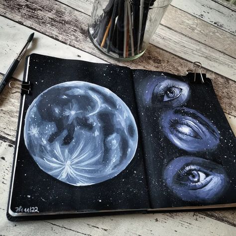 #moon #eyes #sketchbook #universe #celestial #brushwork #gouache #drawing #sketching Moon Sketchbook, Gouache Drawing, Moon Eyes, Structure Of The Universe, Textiles Sketchbook, Drawing Sketching, Planets Art, Sketchbook Pages, Sketchbook Ideas