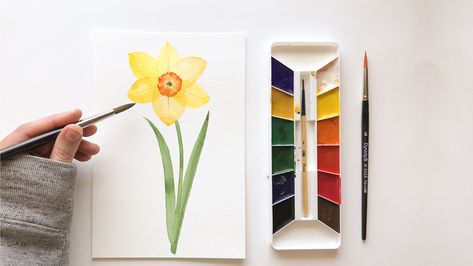 Daffodil Watercolor, Watercolor Tools, Watercolor Tutorial, Summer Songs, Easter Flowers, Song Artists, Easy Watercolor, Watercolor Leaves, Flower Doodles