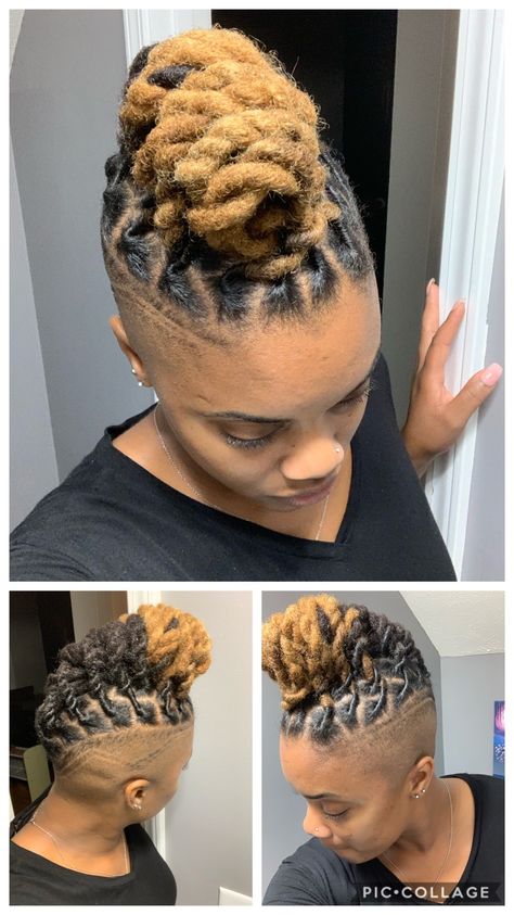 Loc rope twist with shaved sides Dreadlock Hairstyles With Shaved Sides, Short Locs Hairstyles Updo Shaved Sides, Locs With Sides Shaved, Loc Style With Shaved Sides, Locs Hairstyles For Women Short Mohawk, Shaved Sides Loc Styles, Locks With Shaved Sides, Locs Shaved Sides And Back, Barrel Twist Dreads Women