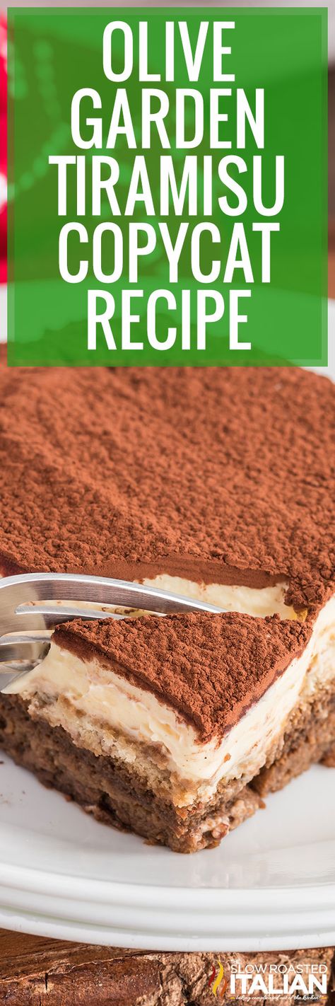 Olive Garden Tiramisu is so easy to make at home! Use my copycat recipe to create an indulgent dessert that bursting with coffee flavor! Tiramisu Recipe Olive Garden, Olive Garden Tiramisu Recipe, Olive Garden Recipe, Refrigerator Desserts, Slow Roasted Italian, Italian Meals, Olive Garden Recipes, The Slow Roasted Italian, Make Ahead Desserts