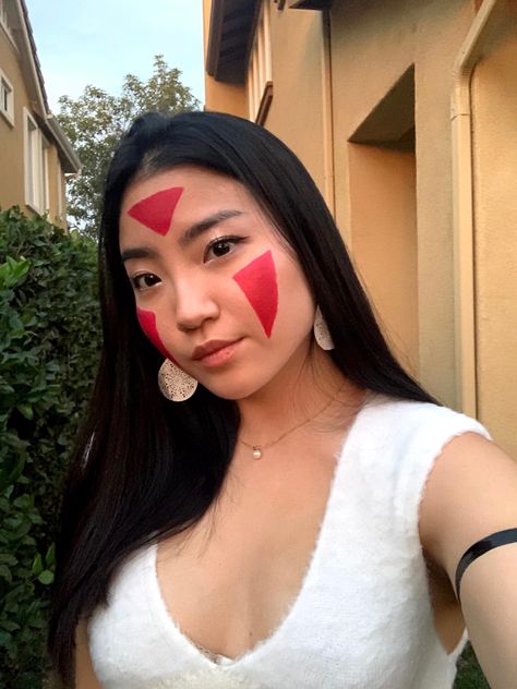 Red face paint do it yourself diy halloween costume white furry top glossy makeup Studio Ghibli Halloween Costumes, Ghibli Halloween Costumes, Studio Ghibli Costume, Studio Ghibli Halloween, Ghibli Costume, Studio Ghibli Cosplay, Ghibli Halloween, Ghibli Cosplay, Edc Outfits