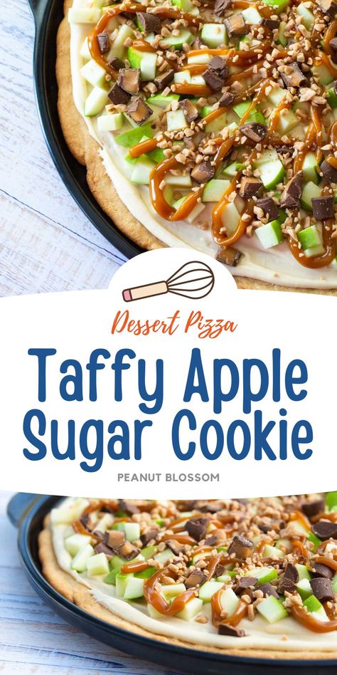 This ooey-goey caramel apple pizza with sugar cookie crust is such a fun way to use up leftover Halloween candy for a dessert your kids will love. Fall Dessert Pizza, Apple Pizza Dessert Easy, Caramel Apple Pizza Dessert, Cherry Pizza Dessert, Sweet Pizza Desserts, Thanksgiving Fruit Pizza, Fall Fruit Pizza, Cookie Pizza Fruit, Sugar Cookie Dessert Pizza