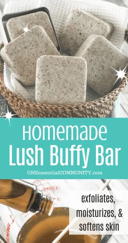 DIY Lush Buffy Bar exfoliates, moisturizes, and softens skin. This in-shower exfoliating lotion bar sloughs, nourishes, and hydrates. Great for dry winter skin, get rid of annoying red bumps on arms. Creamy butters, fresh smelling essential oils, made without beeswax, no coconut oil. Lush copycat lotion bar. Essential oil recipe. DoTerra, Young Living, Plant Therapy. Diy Lush Body Butter Bar, Lush Buffy Bar, Diy Lotion Bars, Diy Lush, Lotion Bars Diy, Lotion Bars Recipe, Easy Soap Recipes, Handmade Soap Recipes, Diy Lotion