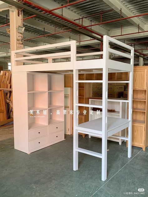 Two Loft Beds In One Room Storage, Small Room Ideas For 3 People, Loft Bed With Vanity Underneath, Minimalist Comfort Room, Loft Bed Ideas For Small Rooms Aesthetic, Reverse Loft Bed, 2 Loft Beds In One Room, Really Small Room Ideas, Loft Bed Dorm Room