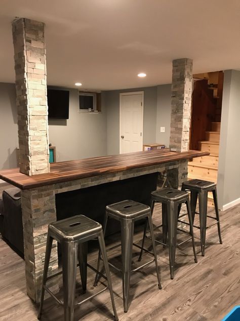 Basement Bar Around Support Beam, Bar Top Between Columns Basement, Mini Bar In Basement Ideas, Bar With Post, Small Basement Bar Ideas Farmhouse, Basement Bar Between Columns, Basement Support Pole Ideas Bar, Bar Between Basement Poles, Basement Bar Between Support Beams