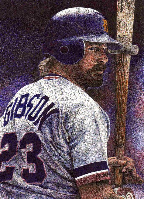 Kirk Gibson. Pointillism on illustration board by Rob Payne. Jeffery Gibson Art, Whale Stippling Art, Skull Pointillism, Kirk Gibson, Bob Gibson Baseball, Musician Porter Robinson, Illustration Board, Baseball Art, Sports Art