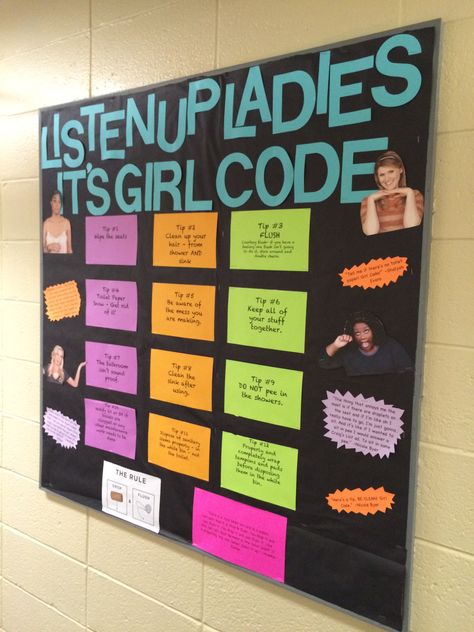 Girl Code themed bulletin board on communal bathroom etiquette Bathroom Bulletin Board Ideas, Rules Bulletin Board, Communal Bathroom, Bathroom Etiquette, Ra Bulletins, Ra Bulletin Boards, Res Life, Residence Life, Resident Assistant