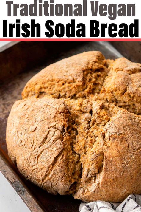 This easy traditional Irish soda bread recipe is vegan, with no raisins or fruit, just homemade divine savory dairy-free soda bread. Baking vegan food can be intimidating but this recipe is suitable for even novices! It bakes up in 35 minutes and requires no rising or proofing time for the dough. Crusty delicious bread with that unmistakable quickbread flavour, perfect for St. Patrick's Day or any day! Make it today and wow your family or guests with your breadmaking skills! Egg Free Bread Recipe, Apple Cinnamon Scones Recipe, Dairy Free Bread, Baking Vegan, Traditional Irish Soda Bread, Soda Bread Recipe, Rye Bread Recipes, Irish Soda Bread Recipe, Vegan Baking Recipes