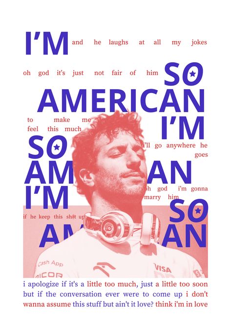 poster daniel ricciardo blue and red im so american song of olivia rodrigo formula 1 driver aesthetic F1 Poster Aesthetic, Daniel Ricciardo Aesthetic, Daniel Ricciardo Poster, Driver Aesthetic, F1 Poster Design, Olivia Rodrigo Aesthetic, American Songs, F1 Poster, Image Stickers