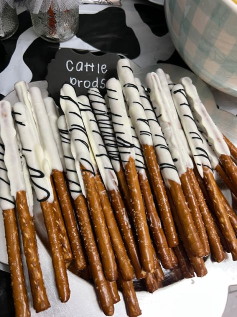 Chocolate Dipped Pretzels, Pretzel Dip, Holy Cow, Pretzel Rods, Candy Table, Chocolate Dipped, Cow Print, Cow, Party Themes