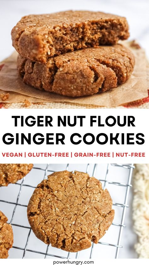 Tiger Nut Flour Ginger Cookies! These easy, crisp-tender cookies are vegan, grain-free, nut-free, gluten-free, and Paleo,#tigernut #tigernutflour #tigernutflourcookies #vegan #eggfree #nutfree #dairyfree #easy #easyrecipe #paleo #paleocookies #grainfreevegancookies #grainfree #glutenfree #cleaneating #cleaneats #vegantigernutflour #allergenfreecookies #nutfreegrainfreecookies Tigernut Flour Cookies, Tigernut Recipes, Tigernut Flour Recipes, Aip Sweets, Aip Cookies, Aip Treats, Aip Snack, Tiger Nut, Tigernut Flour