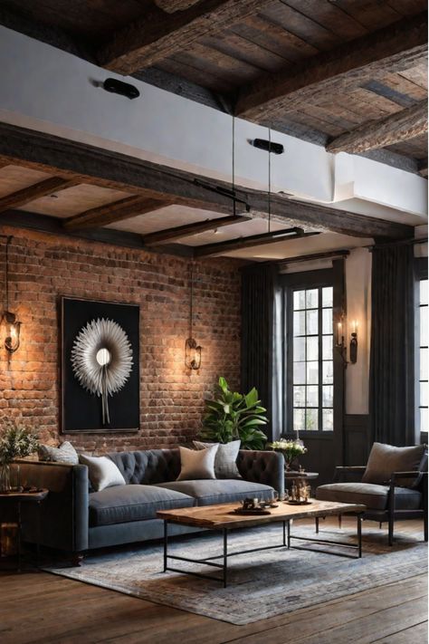 Cozy living room with a mix of textures and warm tones Small Moody Living Room, Living Room With Exposed Brick, Brick Wall Living Room, Wood Coffee Tables, Living Room Essentials, Stil Industrial, Industrial Livingroom, Industrial Interior Design, Dark Furniture