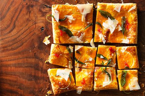 Butternut Squash Tart with Fried Sage recipe Butternut Squash Tart, Squash Tart, One Bite Appetizers, Fried Sage, Winter Squash Recipes, Vegetarian Thanksgiving Recipes, Sage Recipes, Thanksgiving Appetizer, Puff Pastry Appetizers