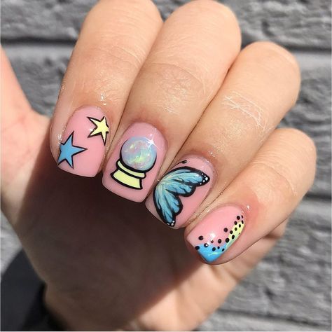 Crystal Ball Nail Art, Crystal Ball Nails, Era Nails, Hand Drawn Nail Art, Nail Butterfly, Drawn Stars, Cartoon Nails, Uk Nails, My Butterfly