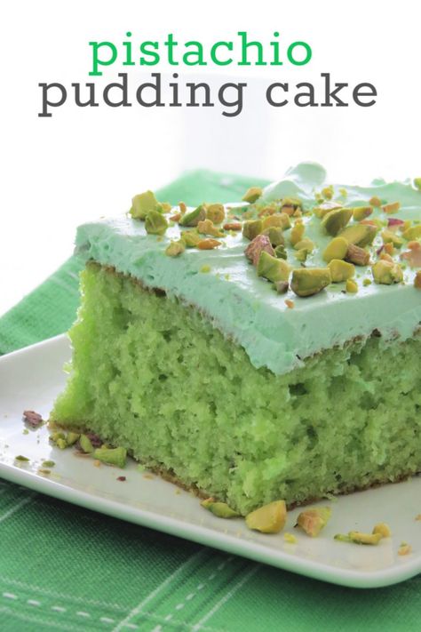 Cakes With No Icing, Green Desserts Easy, Pistachio Sheet Cake, Pudding Cake Mix Recipe, Cakes Made With Cake Mixes, Pudding Mix Cake, Sheet Cake Bars, Green Deserts, Green Cake Ideas