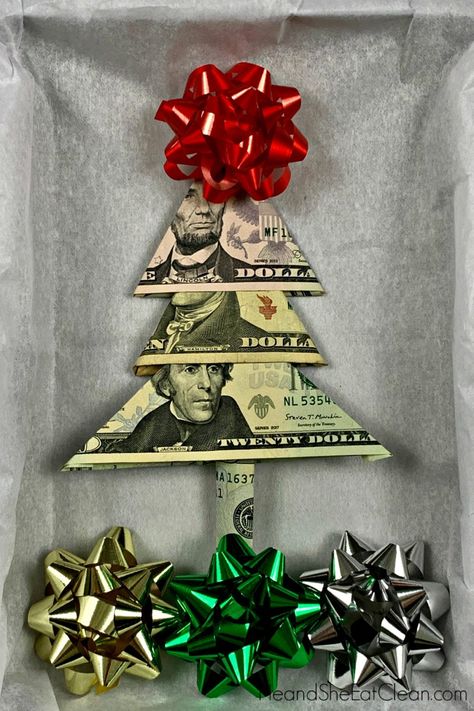 How to Fold a Christmas Money Tree #Christmas #money #holiday #gift #heandsheeatclean Christmas Money Gift Ideas For Teens, Christmas Money Tree, Money Christmas Tree, Dollar Folding, Money Gifts Christmas, Money Folding, Ohio Destinations, Origami Money, Holiday Money