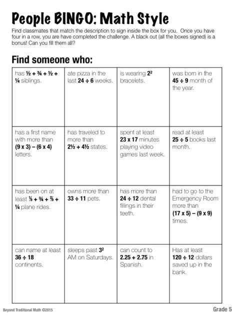 Free People BINGO: A Great Back to School Activity - (Grades 2-5)- A silly little game in which students get to move around and get out those first day jitters by meeting each other and learning more about their classmates, while doing simple math calculations. Class Contract, People Bingo, Classroom 2023, Math Bingo, First Day Jitters, Pocket Charts, Back To School Activity, Grade 6 Math, First Day Activities