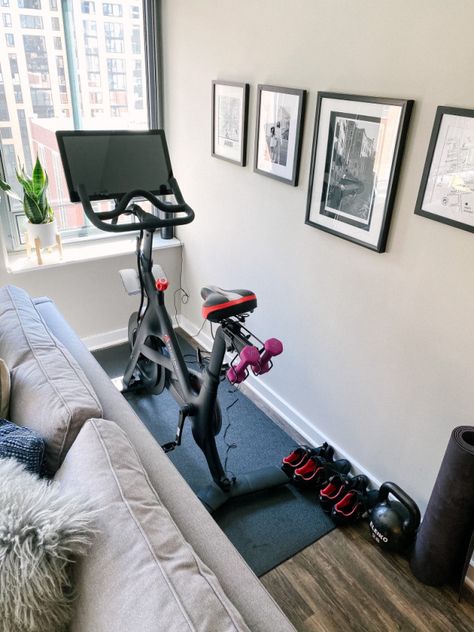 Small spaces. Not my photo. Peloton behind couch. #peloton Peloton Room Ideas, Long Side Fringe, Workout Corner, Home Office And Gym, Small Home Gyms, Home Gym Inspiration, Workout Room Home, Behind Couch, Peloton Bike