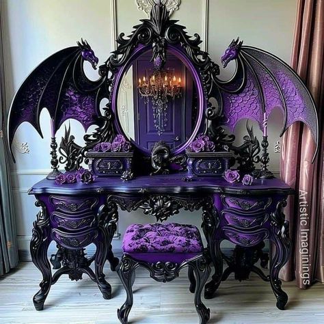 Disney Airbnb, Gothic Vanity, Gothic Decor Bedroom, Goth Bedroom, Purple Gothic, Gothic Bedroom, Fantasy Furniture, Gothic Furniture, Horror Decor