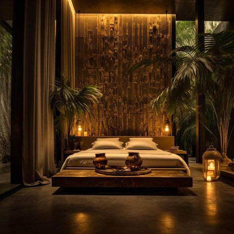 Tropical Architecture: Navigating the Art of Casual Luxury - Lie Alonso Dynasty Dark 80s Interior Design, Modern Tropical Apartment, Tropical House Bedroom, Mansion Bedroom Aesthetic, Tropical Hotel Room, Luxury Homes Dream Houses Interior, Tropical Asian House, Bedroom Ideas Tropical, Luxury Hotel Room Aesthetic