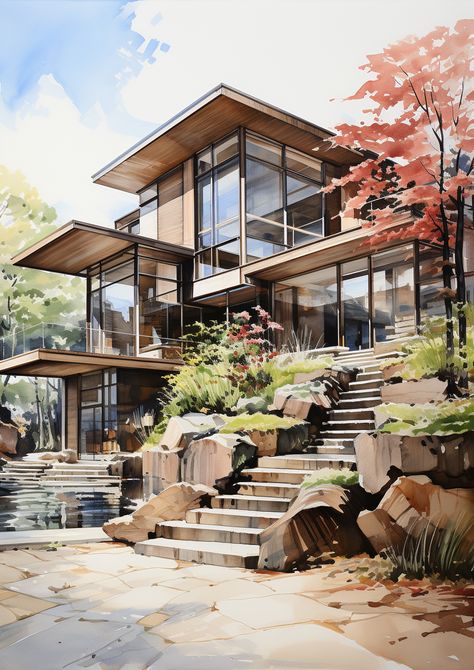 Made In Midjourney by @sweetmimiqt Dream House Architecture Drawing, Ipad Architecture, Modern Exterior Design, Interior Design Plan, Watercolor Architecture, Architecture Design Sketch, Architecture Design Drawing, Architecture Building Design, Architecture Drawing Art