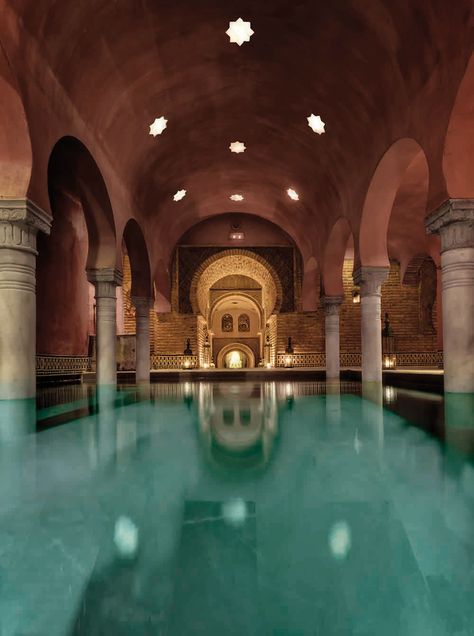 Secret Rooms In Houses, Slytherin Common Room, Moorish Architecture, Indoor Swimming Pool, Spa Interior, Al Andalus, Malaga Spain, Spa Room, Indoor Swimming