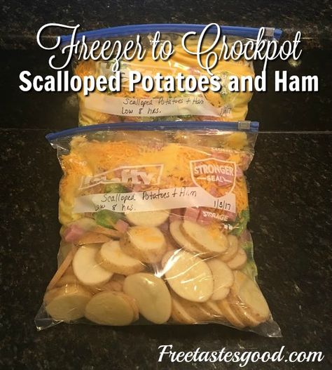 Crockpot Scalloped Potatoes And Ham, Crockpot Scalloped Potatoes, Soft Potatoes, Scalloped Potatoes Crockpot, Potatoes And Ham, Scalloped Potatoes And Ham, Freezer Dinners, Freezer Food, Slow Cooker Freezer Meals