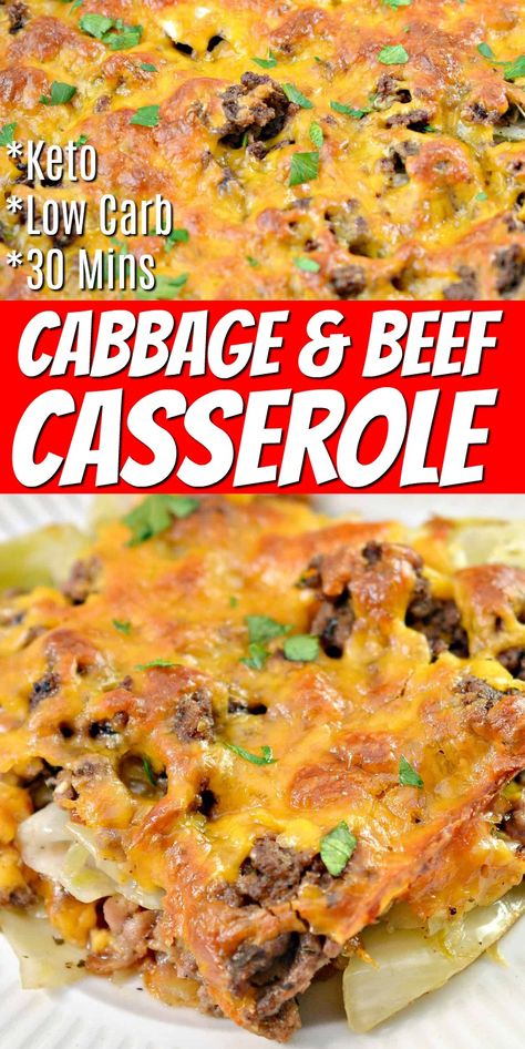 Cabbage & Beef Casserole - Hearty family dinner casserole made with ground beef, cabbage, and tons of cheese! Easy low carb dinner and meal prep idea!   #lowcarb #Lowcarbrecipes #lowcarbcasserole #cabbageandbeef #cabbagecasserole #groundbeef #dinnerideas #fodo #recipes Cabbage Potato Ground Beef Casserole, Cheeseburger Cabbage Casserole, Hamburger Cabbage Potato Casserole, Ground Beef Cabbage Potato Recipes, Recipe With Cabbage And Ground Beef, Hamburger Meat Cabbage Recipes, Low Carb Cabbage Casserole, Creamed Cabbage Ground Beef Casserole, Healthy Hamburger Casserole Recipes Low Carb Ground Beef