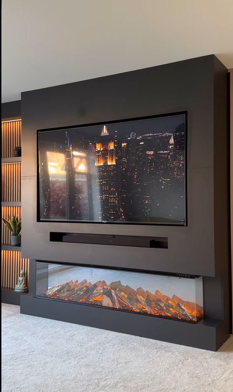 Media Wall Dining Room, Media Walls With Fire, Media Wall Fireplace, Electric Fireplace Wall Ideas With Tv, Media Wall With Fireplace And Tv, Media Wall Ideas With Fireplace, Media Wall With Fire, Contemporary Fireplace Designs, Built In Around Fireplace