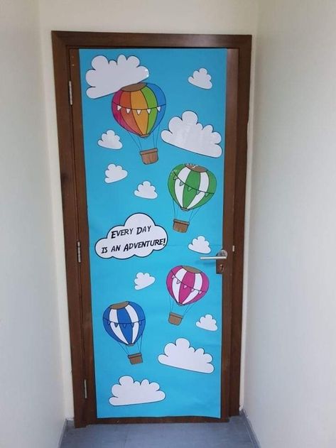 Hot Air Balloon Door Classroom, Up Themed Classroom Door, Nursery Door Decoration, Hot Air Ballon Themed Classroom Door, Hot Air Balloon Classroom Theme Bulletin Boards, Hot Air Ballon Bulletin Board Ideas, Nursery Door Decorations Classroom, Sky Theme Classroom Decorations, Door Decorations For Preschool Classroom