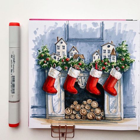 Christmas Theme Drawings, Christmas Marker Art, Christmas Sketch Ideas, Presents Drawing, X'mas Card, Xmas Drawing, Mini Toile, Art Drawings Sketches Pencil, Holiday Painting