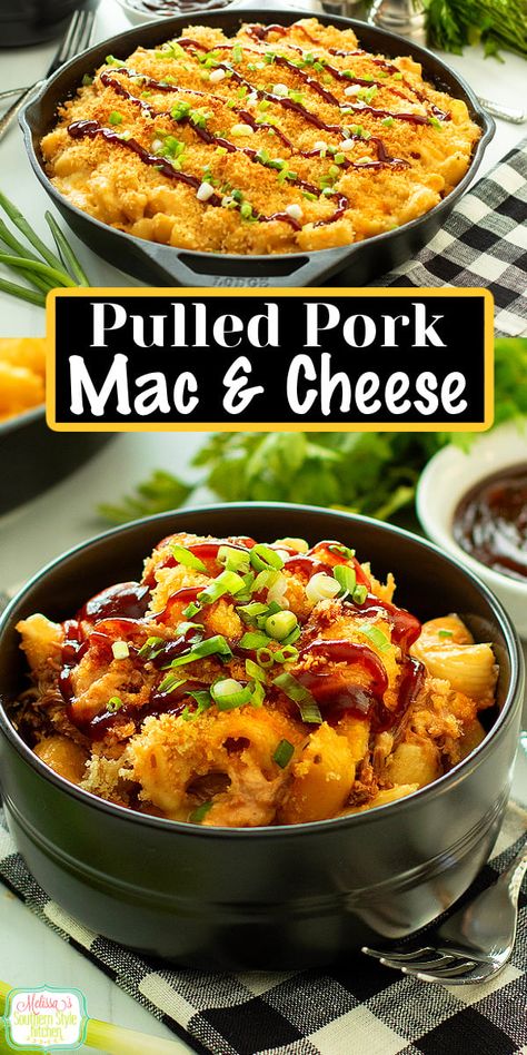 This cheesy Pulled Pork Mac and Cheese bake combines two beloved favorites into a mouthwatering hearty comfort food dish. #pulledpork #barbecuerecipes #macandcheese #macaroniandcheese #pulledporkmacandcheese via @melissasssk Pork And Mac And Cheese, Pulled Pork Mac And Cheese, Pork Mac And Cheese, Smoked Mac And Cheese, Cheese Bake, Hearty Comfort Food, Smoked Pulled Pork, Sausage Casserole, Baked Mac N Cheese