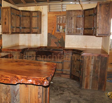 barnwood-cabinets Barnwood Kitchen Cabinets, Barnwood Kitchen, Farmhouse Kitchen Cabinet Decor, Barn Wood Cabinets, Rustic Countertops, Wooden Shelves Kitchen, Cabin Designs, Barn Kitchen, Rustic Kitchen Cabinets