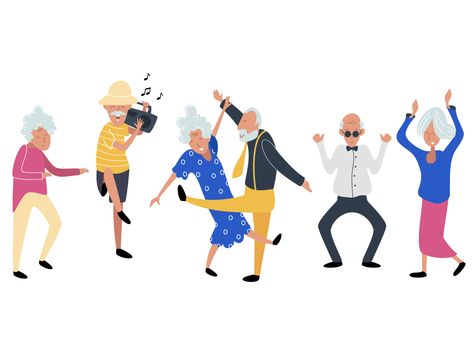 Seniors' Party by Elena Nesterova Senior Illustration, Dancing Clipart, Banner Drawing, Animation Storyboard, People Dancing, Party Funny, 자수 디자인, Senior Citizen, People Illustration