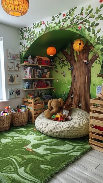 This photo captures the enchanting atmosphere of a children's reading area, designed to inspire imagination and a love for books. The wall is adorned with a vibrant tree mural, its leaves spilling onto the ceiling to create an immersive woodland canopy. Below, a cuddly bear sits upon a comfortable cushioned seat, surrounded by an inviting array of colorful books and toys. The area is illuminated by warm, lantern-like lights that echo the soft glow of a forest at dusk, making it the perfect spot Canopy Sitting Area, Forest Reading Corner, Enchanted Forest Theme Library, Large Forest Bedroom Kids, Forest Branding, Childrens Reading Nook, Library Children's Area, Enchanted Forest Mural Kids Rooms, Enchanted Forest Nursery Sculptures & Statues