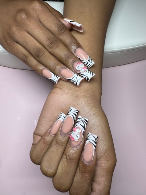 Zebra and Hello Kitty nails Pink Zebra Print French Tip Nails, Zebra French Tip Nails Y2k, Zebra Print Hello Kitty Nails, Colorful Zebra Nails, Zebra Print Nails 2000s, Kitty Nails, Hello Kitty Nails, Cat Nails, Hello Kitty