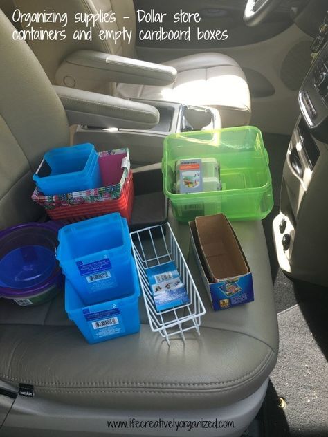 Switching to a new vehicle means finding new places for everything. Here is how to organize a car console for $5 using dollar store items & cardboard boxes! Car Trash Can Ideas, Car Console Organization, Honda Odyssey Organization, Car Organizer Ideas, Organize Car, Car Travel Hacks, Car Organizing, Organization Goals, Car Organization Diy