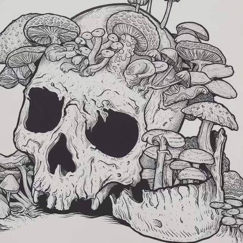 Mushroom Man Tattoo, Eldritch Tattoo, Overgrown Plants, Mushroom Skull, Skeleton Art, Mushroom Fungi, Tattoo Art Drawings, Spine Tattoos, Dark Art Drawings