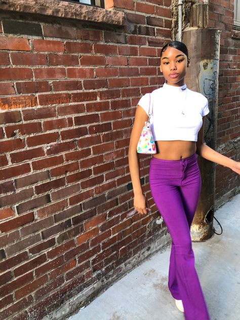 Playful Fitted Purple Bottoms, Purple Flare Pants, Purple Fitted Flare Bottoms, Purple Flare Jeans, Purple Bell Bottom, Purple Pants Outfit, Purple Pants, Kick Flares, Bell Bottom Pants