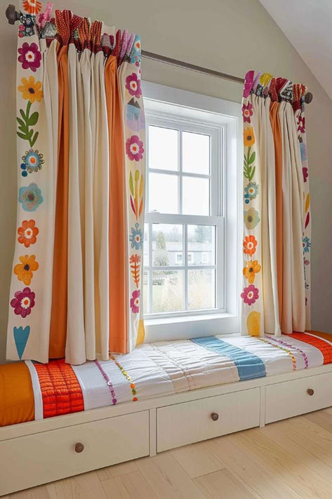 28 Bedroom Curtain Inspirations for a Gorgeous Makeover Colorful Window Curtains, Curtain Inspiration, Bedroom Curtain Ideas, Bedroom Curtain, Gorgeous Bedrooms, Curtain Ideas, Wall Decor Design, Kawaii Room, Curtains Bedroom