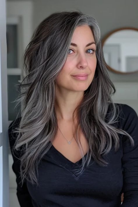 Grey Biolage Hair, Gray Hair Under 40, Salt And Pepper Balayage, Dark Hair Grey Blending, Grey Blending Dark Hair, Salt N Pepper Hair, Balayage Grey, Salt And Pepper Hair Color, Pepper Hair Color