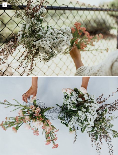 DIY Foam-Free Floral Installation | Green Wedding Shoes Hanging Flower Arrangements, Event Planning Organization, Sustainable Flowers, Floral Installation, Diy Sprays, Flower Installation, Flower Arrangements Simple, Floral Arrangements Diy, Wedding Wall