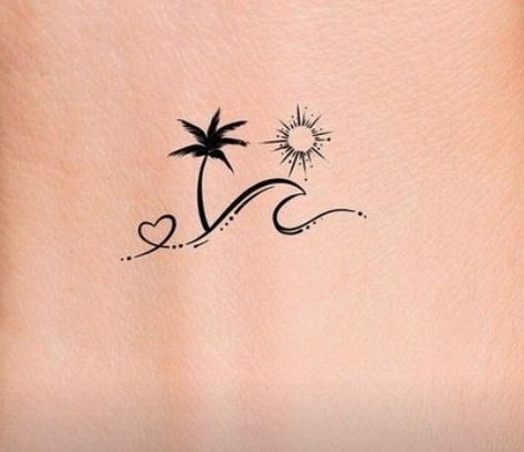 Oahu Tattoo Ideas, Beach Heart Tattoo, Palm Tree Heart Tattoo, Best Friend Tattoos Beach Theme, Beach Lover Tattoo, Beach Wave Tattoo Ideas, Small Beach Tattoo For Women, Beach Themed Tattoos, Small Beach Tattoo